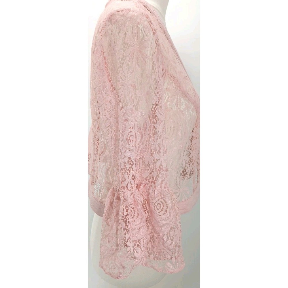 Pink Floral Rose Lace Ruffle Flared Sleeve Cardigan Tagless Size Med Valentines - Picture 3 of 7
